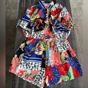 Patchwork Leopard Print Short Sleeve Button Up Blouse & Shorts Set | Size 1XL